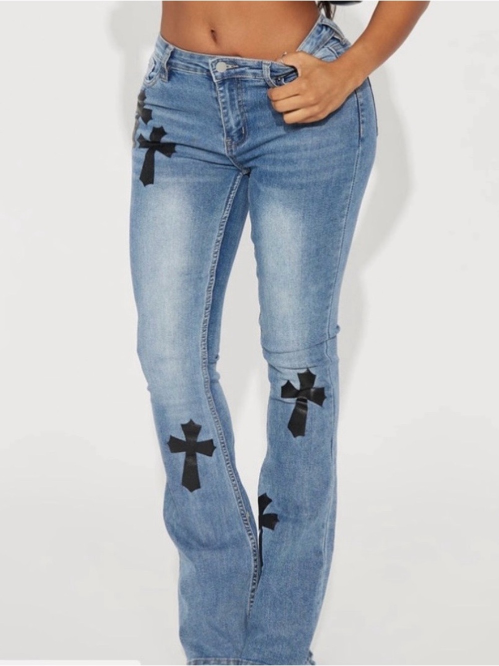 Fashion Nova Light Blue Flare Jeans with Black Cross Details